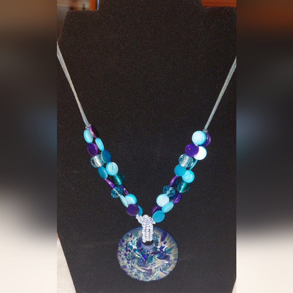 Blue Beaded And Glass Pendant Necklace